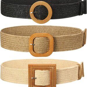 3 Pieces Straw Woven Elastic Waist Belt for Women Bohemian Dress Braided Belt